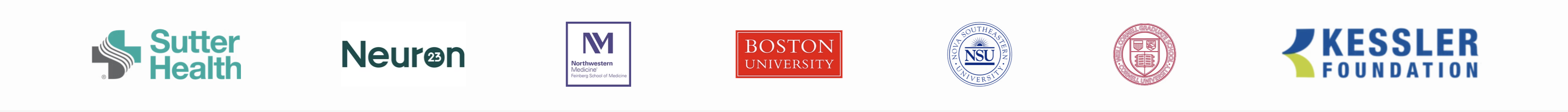 Partner logos including Sutter Health, Neuron23, Northwestern Medicine, Boston University, NSU, Cornell, Kessler Foundation
